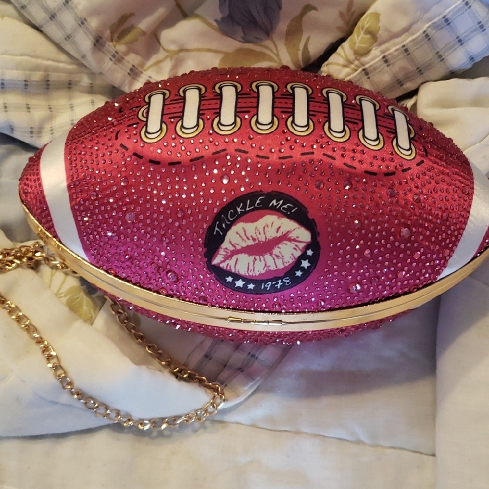 Betsey Johnson Pink Football Clutch with Gold Chain